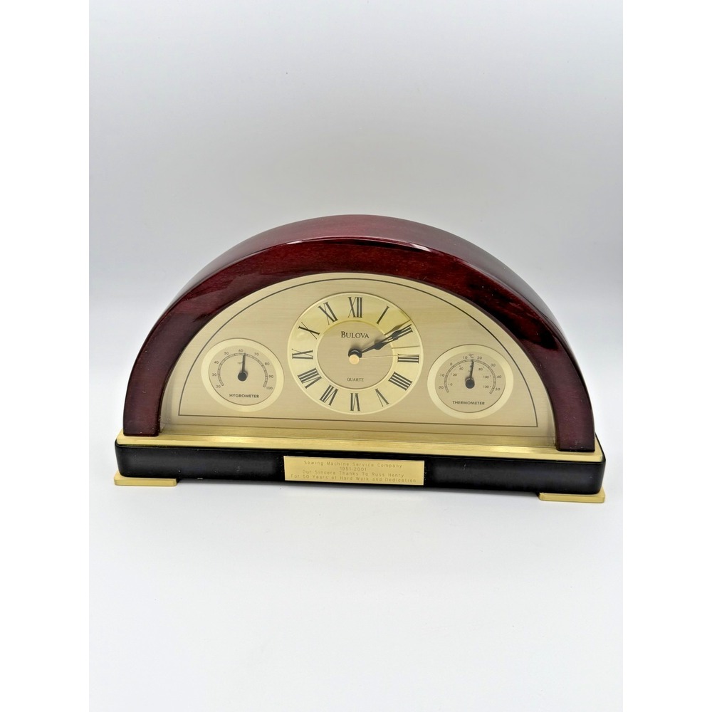 Bulova Mantel Clock Quartz Wood Brass Hygrometer Thermometer Engraved